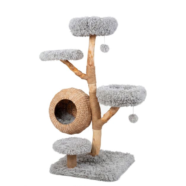 ARBRE A CHAT BOIS FLOTTÉ AVEC PANIER EN ROTIN