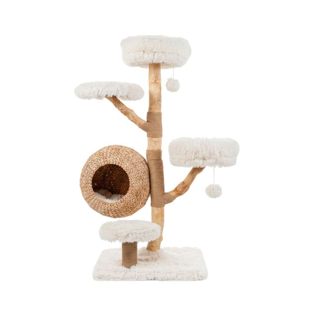 ARBRE A CHAT BOIS FLOTTÉ AVEC PANIER EN ROTIN