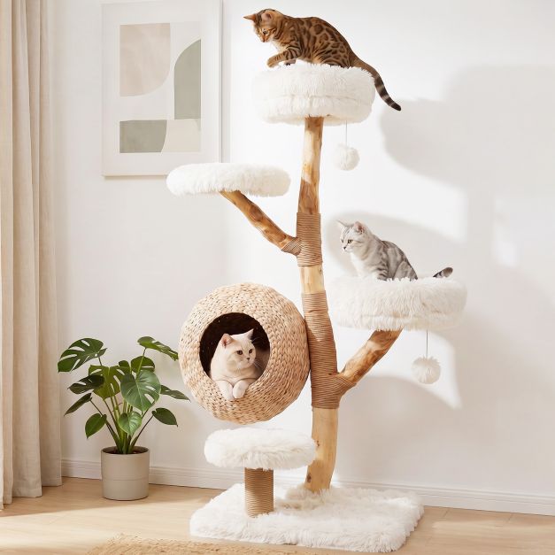 ARBRE A CHAT BOIS FLOTTÉ AVEC PANIER EN ROTIN