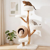 ARBRE A CHAT BOIS FLOTTÉ AVEC PANIER EN ROTIN