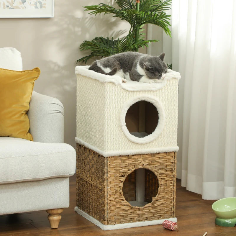 PANIER CHAT CARRÉ DOUBLE ÉTAGE EN ROTIN
