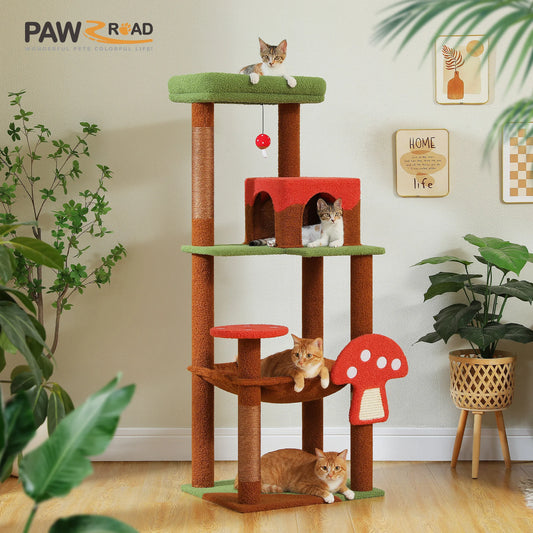 Multi-Level Cat Tree with Scratching Posts Removable Scratcher Large Cat Condo Hammock Mushroom Cat Tower for Indoor Cat Toys
