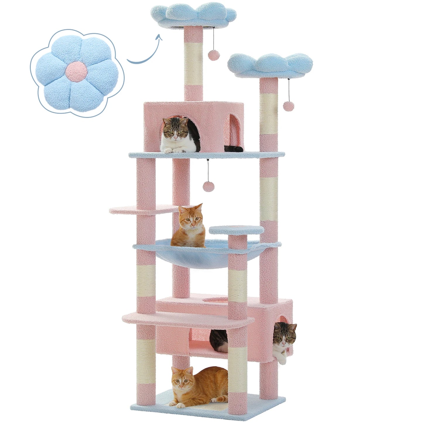 184cm Large Cat Tree Tower for Indoor Cats With Sisal-Covered Scratching Posts Spacious Hammock Padded Perches and Condos Blue