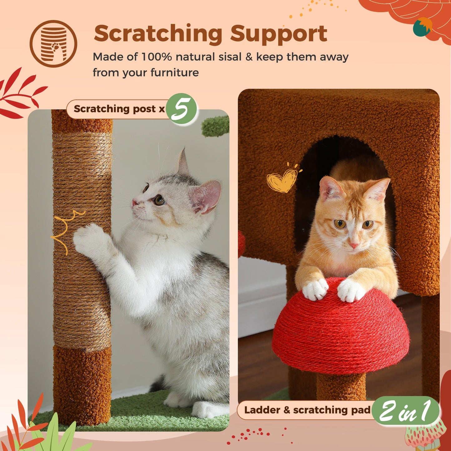 Cat Tree Floor to Ceiling Cat Tower Adjustable Height with Cat Condo Cozy Hammock and Scratching Post Tall Activity Tree Borwn