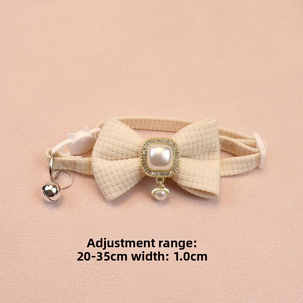New Waffle Pet Collar Cute Bow Bell Cat Collar Retro Pearl Pendant Dog Collar Accessories