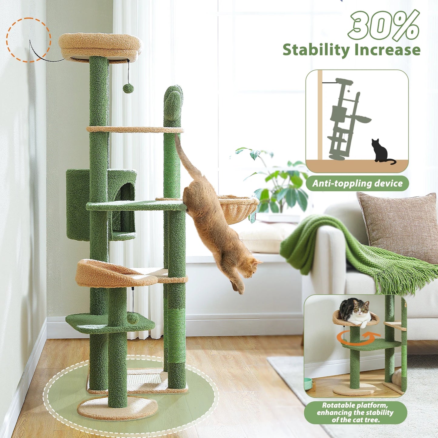 Tall Cactus Cat Tree for Large Cat Multi-Level Cat Tower for Indoor Cats Cat Condo with Large Hammock Scratching Post  2 Perches