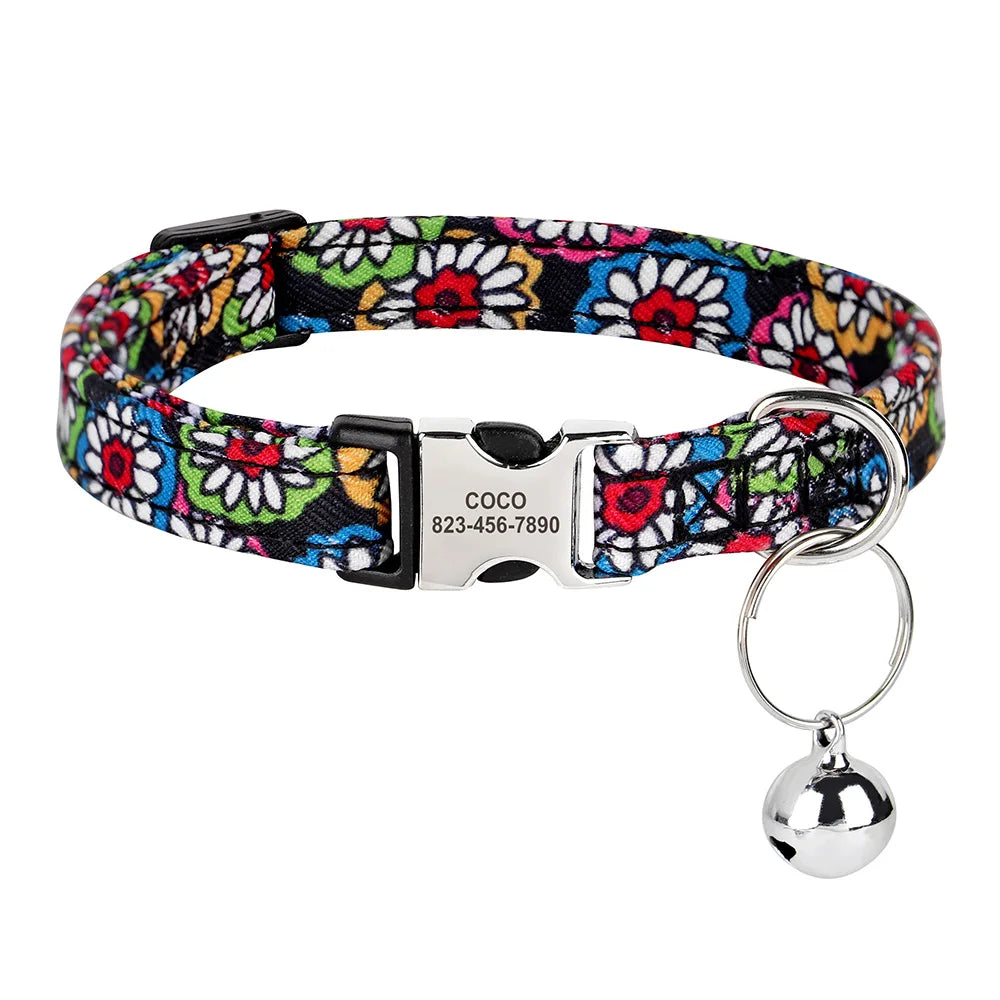 Personalized Printed Cat Collar Adjustable Kitten Puppy Collars With Free Engraved ID Nameplate Bell Anti-lost Cats Collars