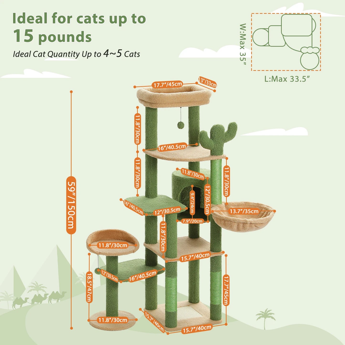 Tall Cactus Cat Tree for Large Cat Multi-Level Cat Tower for Indoor Cats Cat Condo with Large Hammock Scratching Post  2 Perches