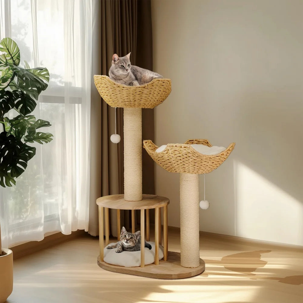 Arbre à chat en bois avec double panier en rotin