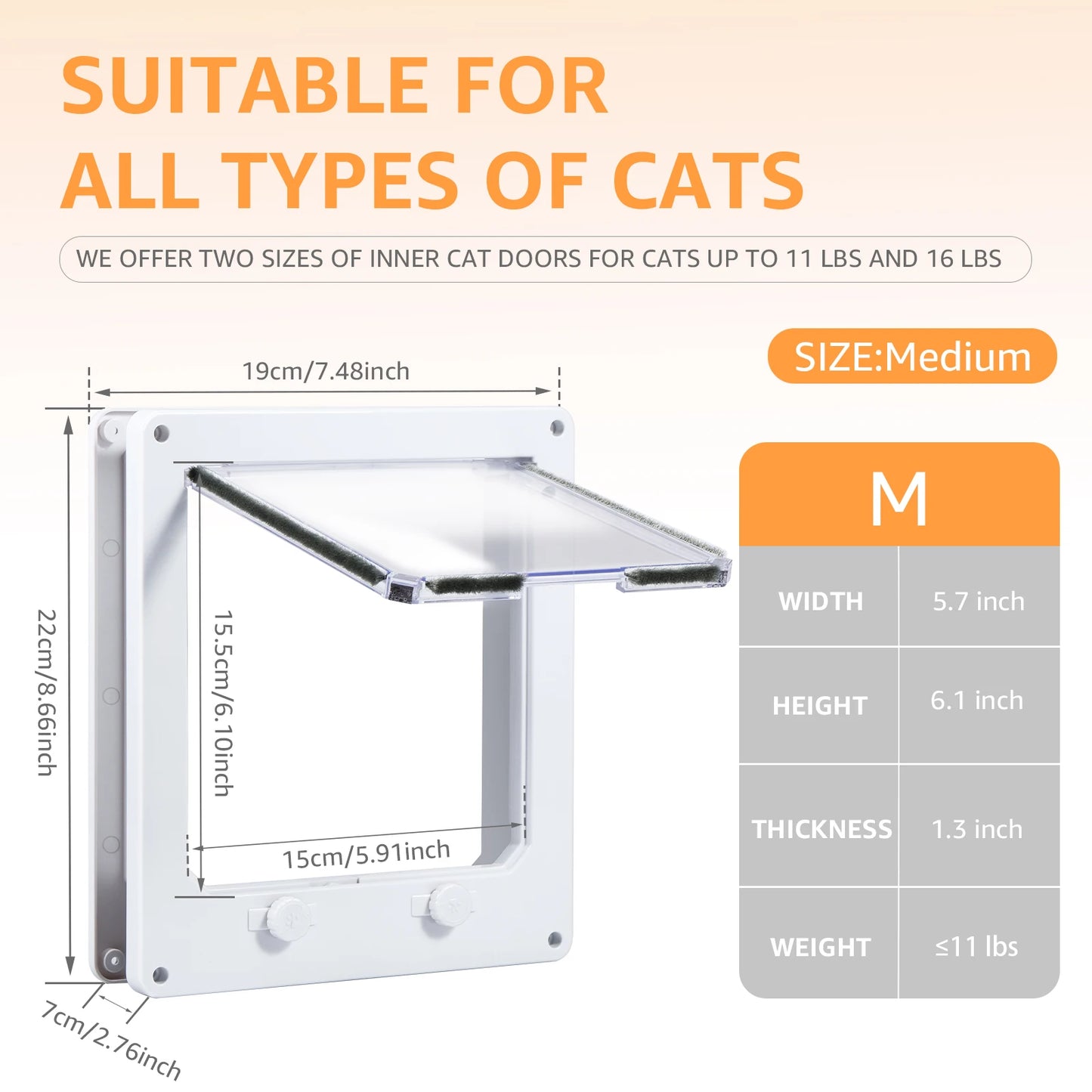 M/L Flap Cat Door Interior Door White Plastic Pet Door with Flap and 4 Way Locking Cat Puppy Safety Gate Pet Supplies Accessory