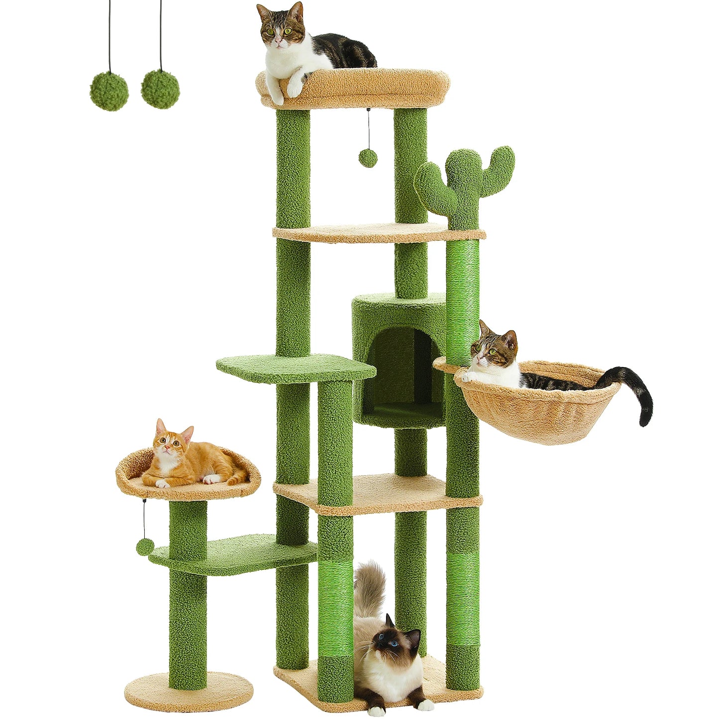 Tall Cactus Cat Tree for Large Cat Multi-Level Cat Tower for Indoor Cats Cat Condo with Large Hammock Scratching Post  2 Perches