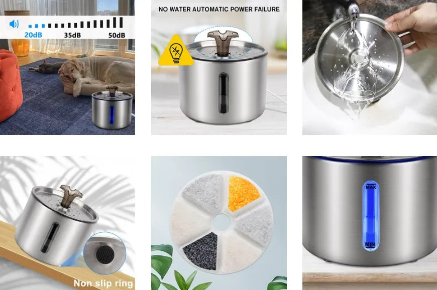 2.5L Stainless Steel Automatic Cat Water Fountain Auto Power-off Fountain With LED Light Non-slip Mat Dog Water Dispenser