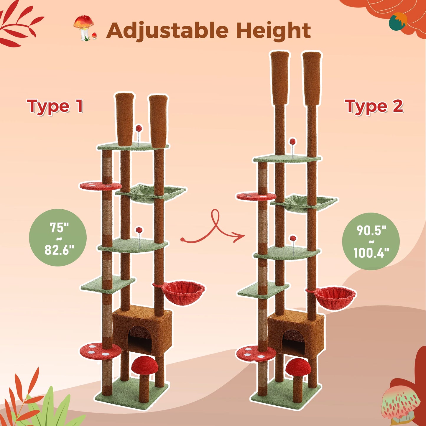 Cat Tree Floor to Ceiling Cat Tower Adjustable Height with Cat Condo Cozy Hammock and Scratching Post Tall Activity Tree Borwn