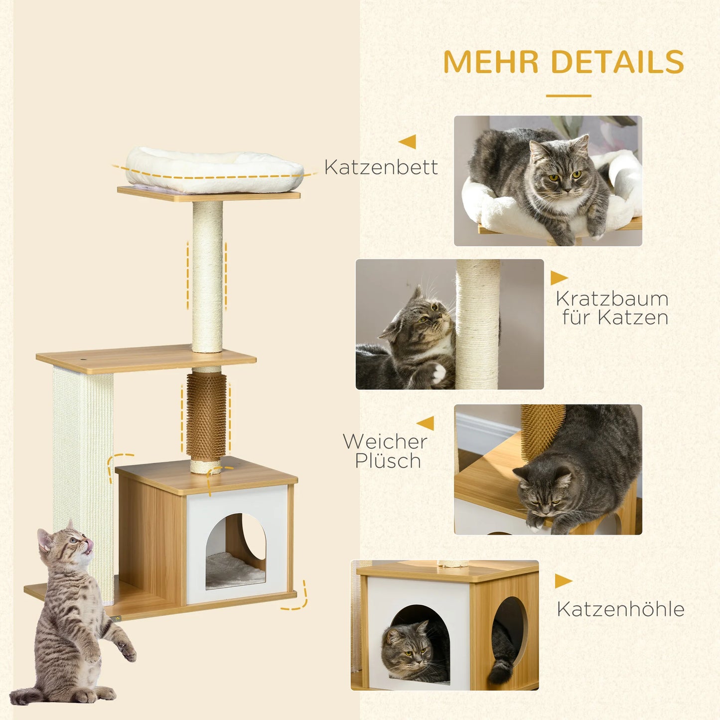 PawHut scratching post 114 cm high cat tree with cat cave tickle column Oak