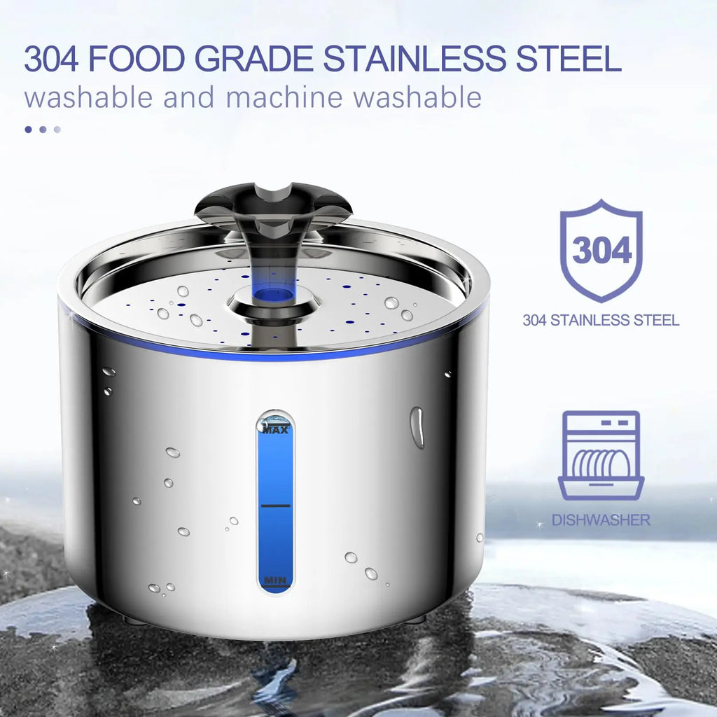 2.5L Stainless Steel Automatic Cat Water Fountain Auto Power-off Fountain With LED Light Non-slip Mat Dog Water Dispenser
