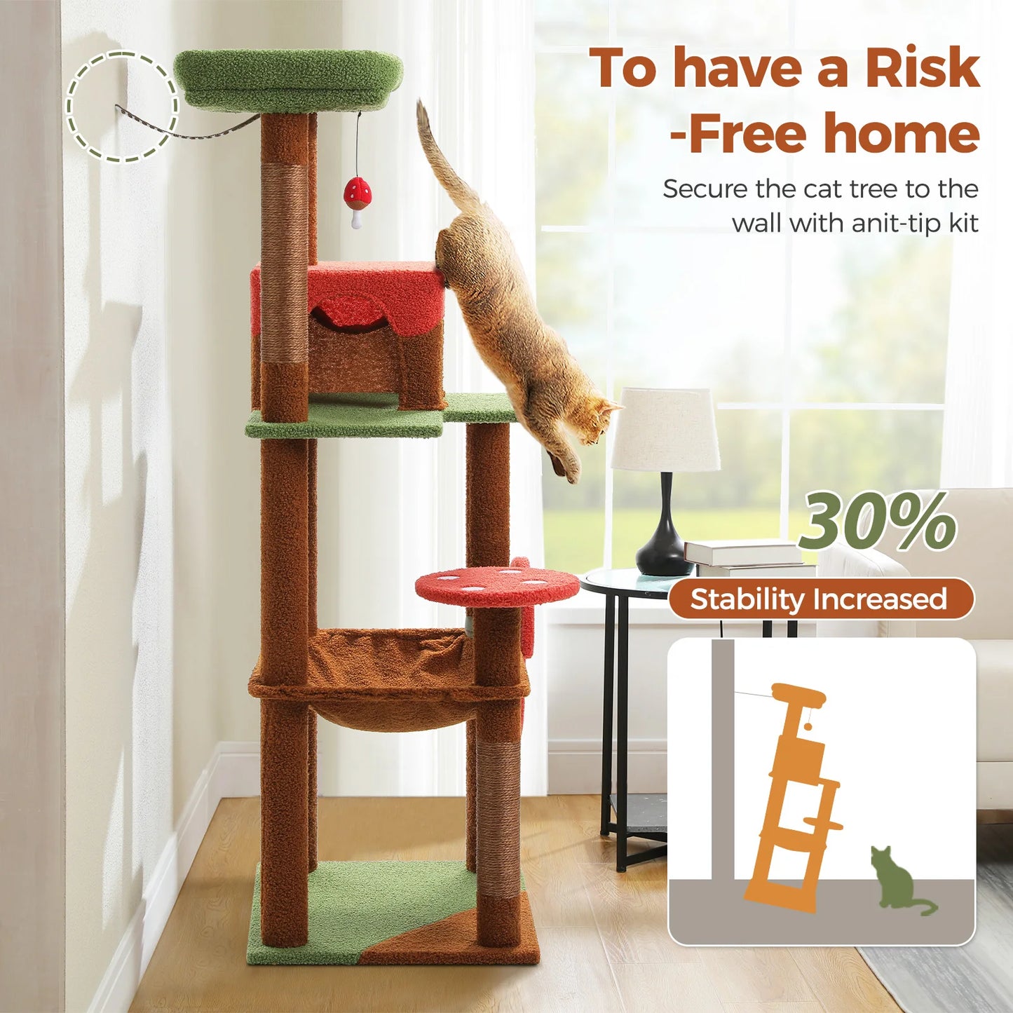 Multi-Level Cat Tree with Scratching Posts Removable Scratcher Large Cat Condo Hammock Mushroom Cat Tower for Indoor Cat Toys