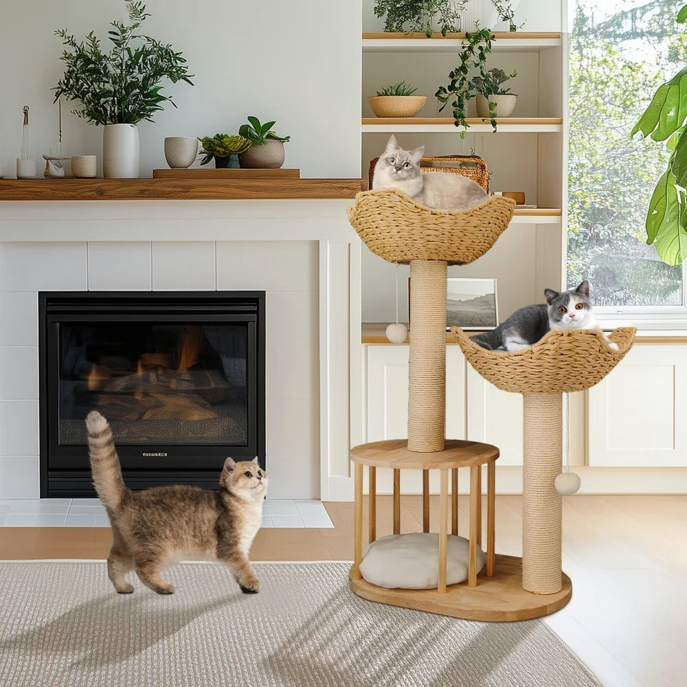 Arbre à chat en bois avec double panier en rotin