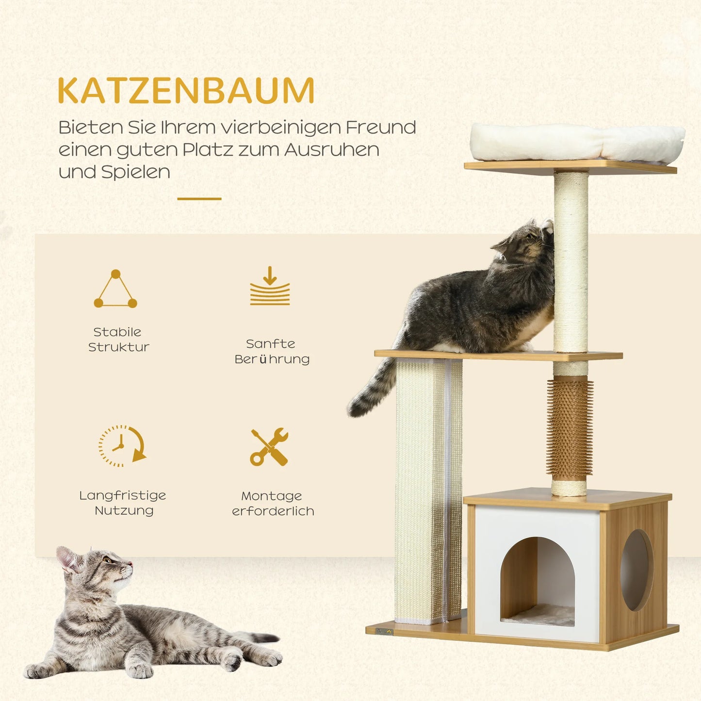 PawHut scratching post 114 cm high cat tree with cat cave tickle column Oak