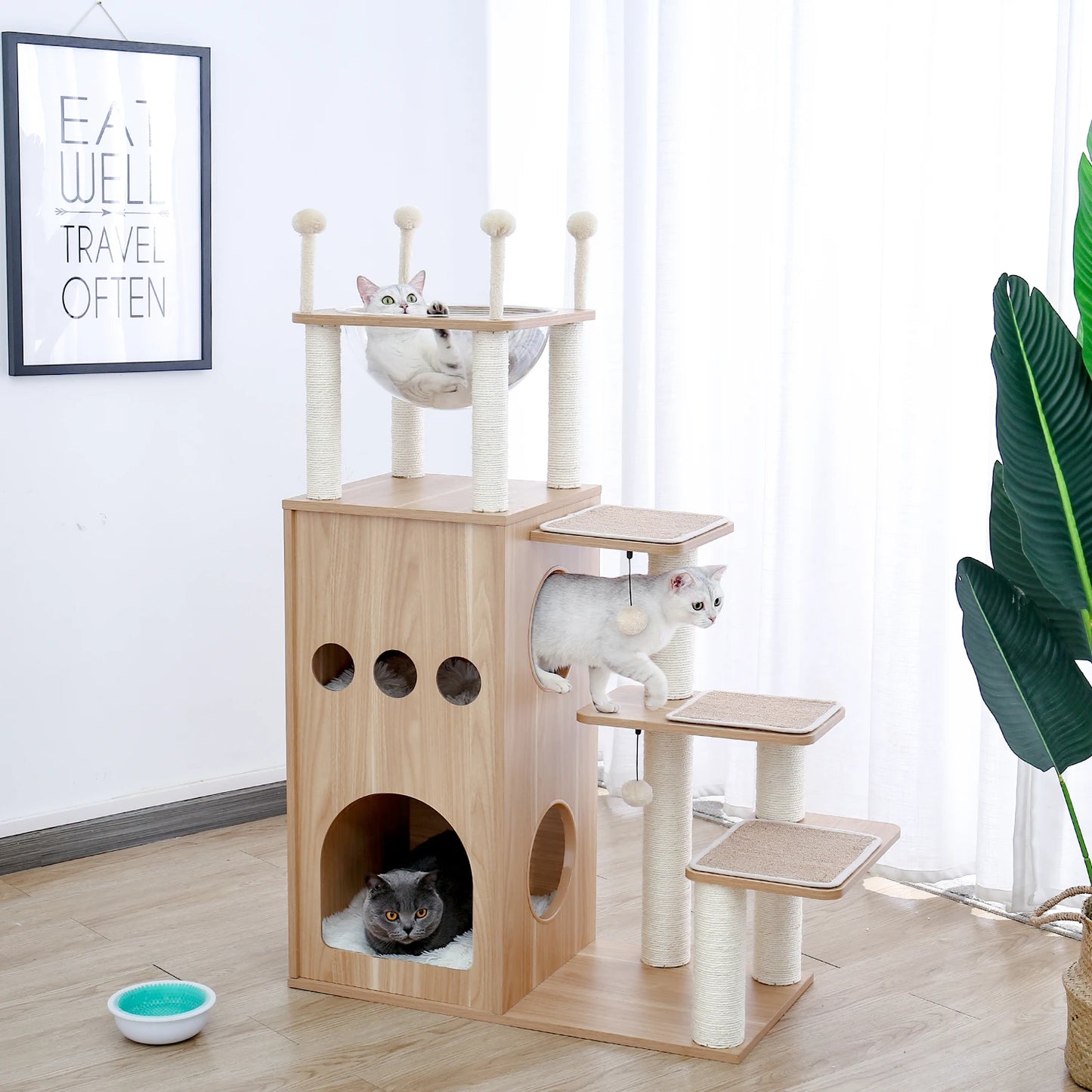 Multi-Level Cat Tree for Indoor Wood Cat Tower with Scratching Posts Spacious Condo Hammock Top Perch Cat Scratcher Cat Toys
