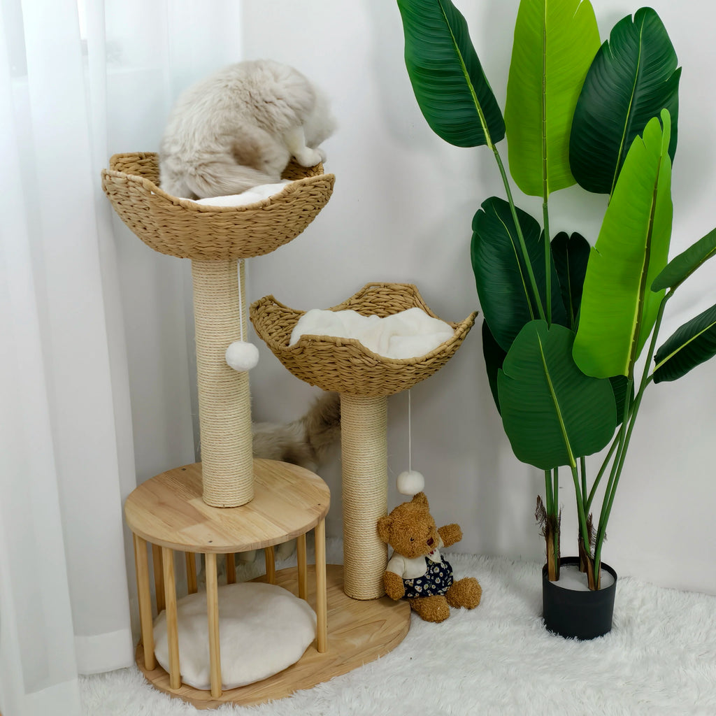 Arbre à chat en bois avec double panier en rotin