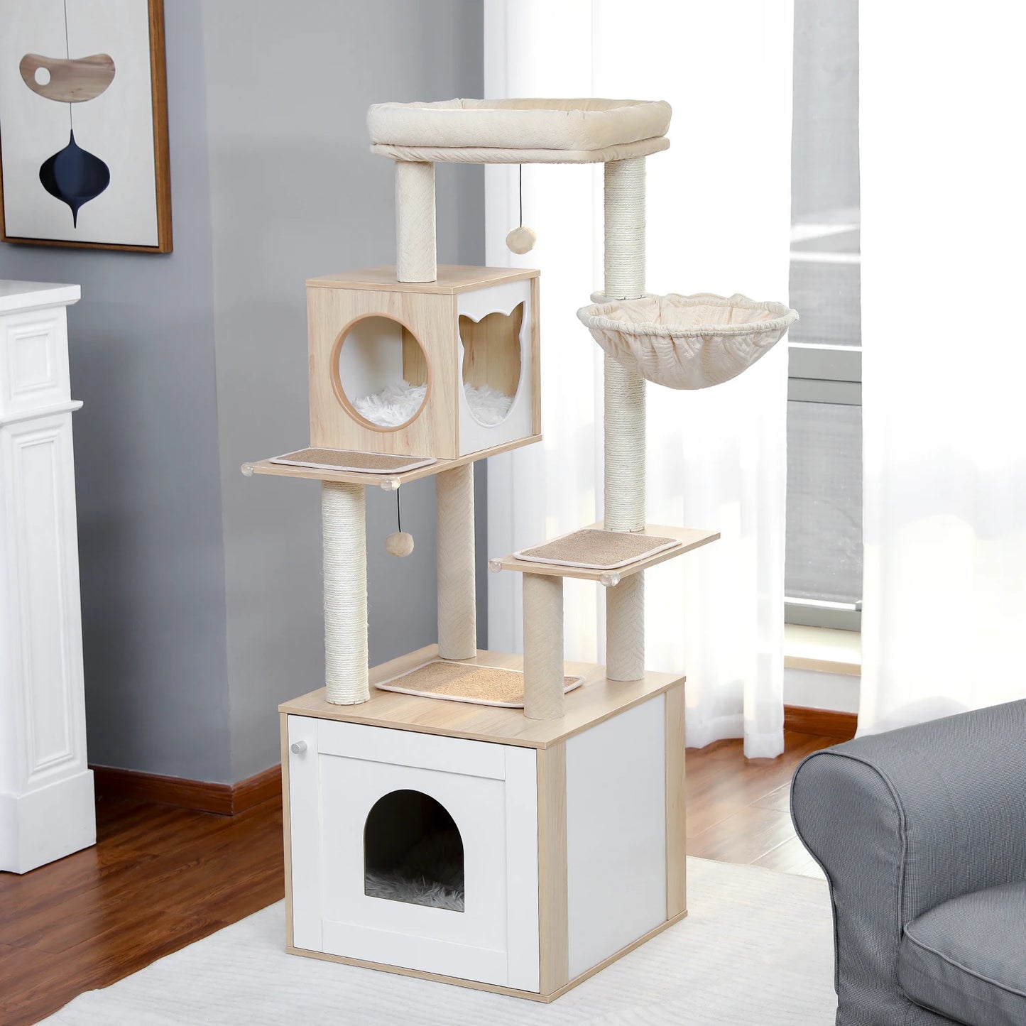 Multi-Level Cat Tree for Indoor Wood Cat Tower with Scratching Posts Spacious Condo Hammock Top Perch Cat Scratcher Cat Toys