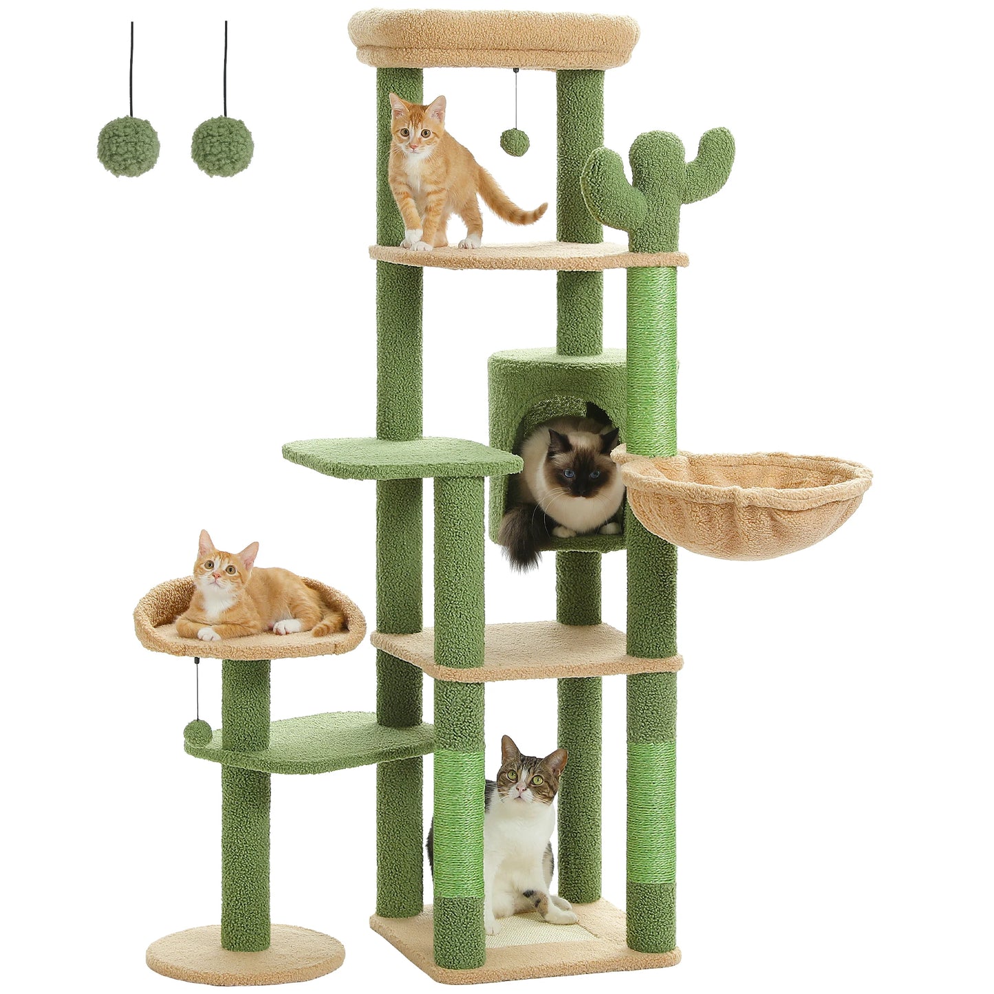 Tall Cactus Cat Tree for Large Cat Multi-Level Cat Tower for Indoor Cats Cat Condo with Large Hammock Scratching Post  2 Perches