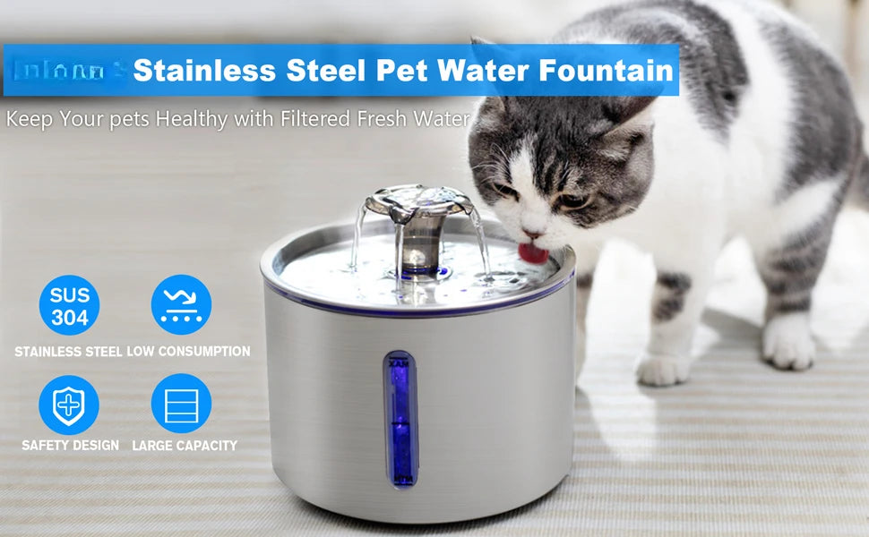 2.5L Stainless Steel Automatic Cat Water Fountain Auto Power-off Fountain With LED Light Non-slip Mat Dog Water Dispenser