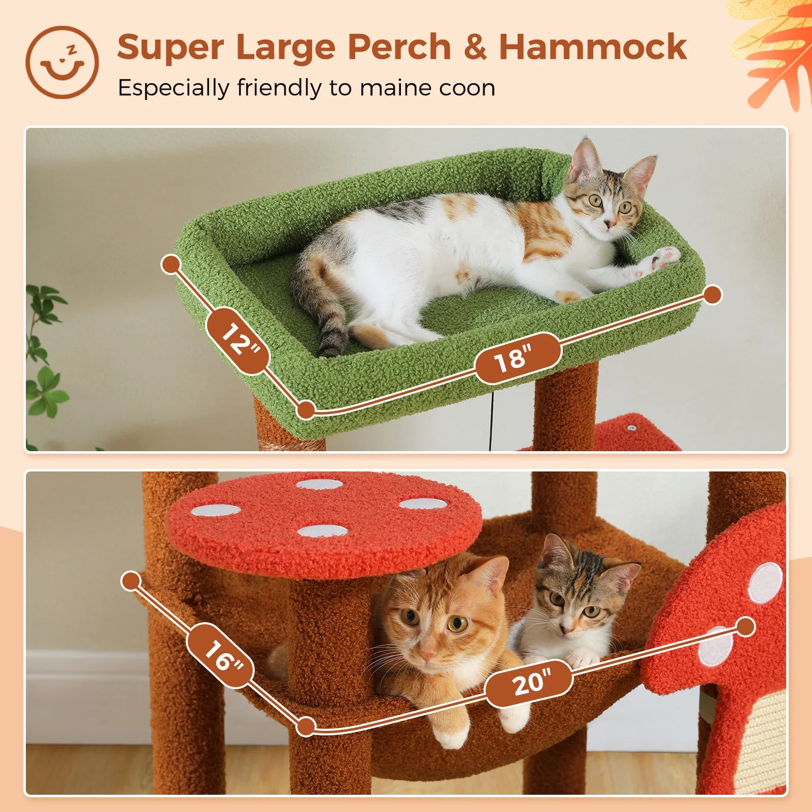 Multi-Level Cat Tree with Scratching Posts Removable Scratcher Large Cat Condo Hammock Mushroom Cat Tower for Indoor Cat Toys