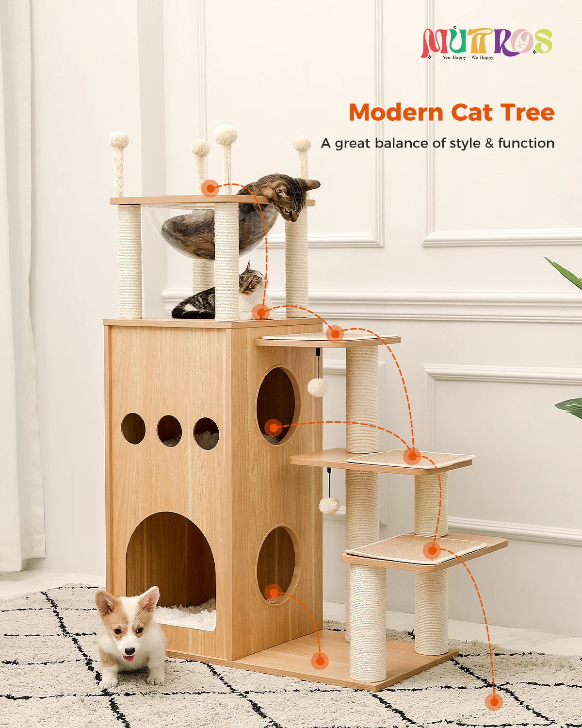 Multi-Level Cat Tree for Indoor Wood Cat Tower with Scratching Posts Spacious Condo Hammock Top Perch Cat Scratcher Cat Toys