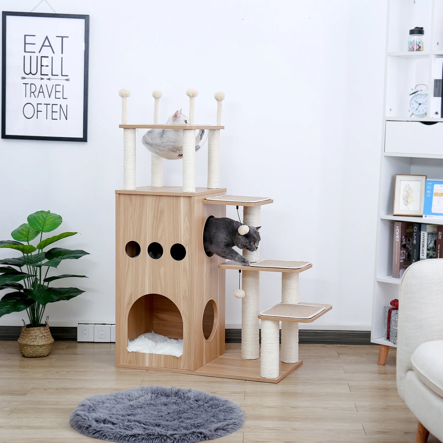Multi-Level Cat Tree for Indoor Wood Cat Tower with Scratching Posts Spacious Condo Hammock Top Perch Cat Scratcher Cat Toys