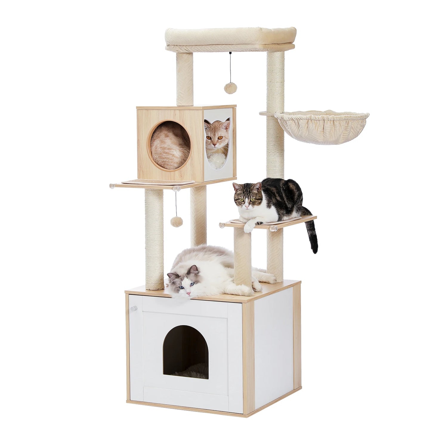 Multi-Level Cat Tree for Indoor Wood Cat Tower with Scratching Posts Spacious Condo Hammock Top Perch Cat Scratcher Cat Toys