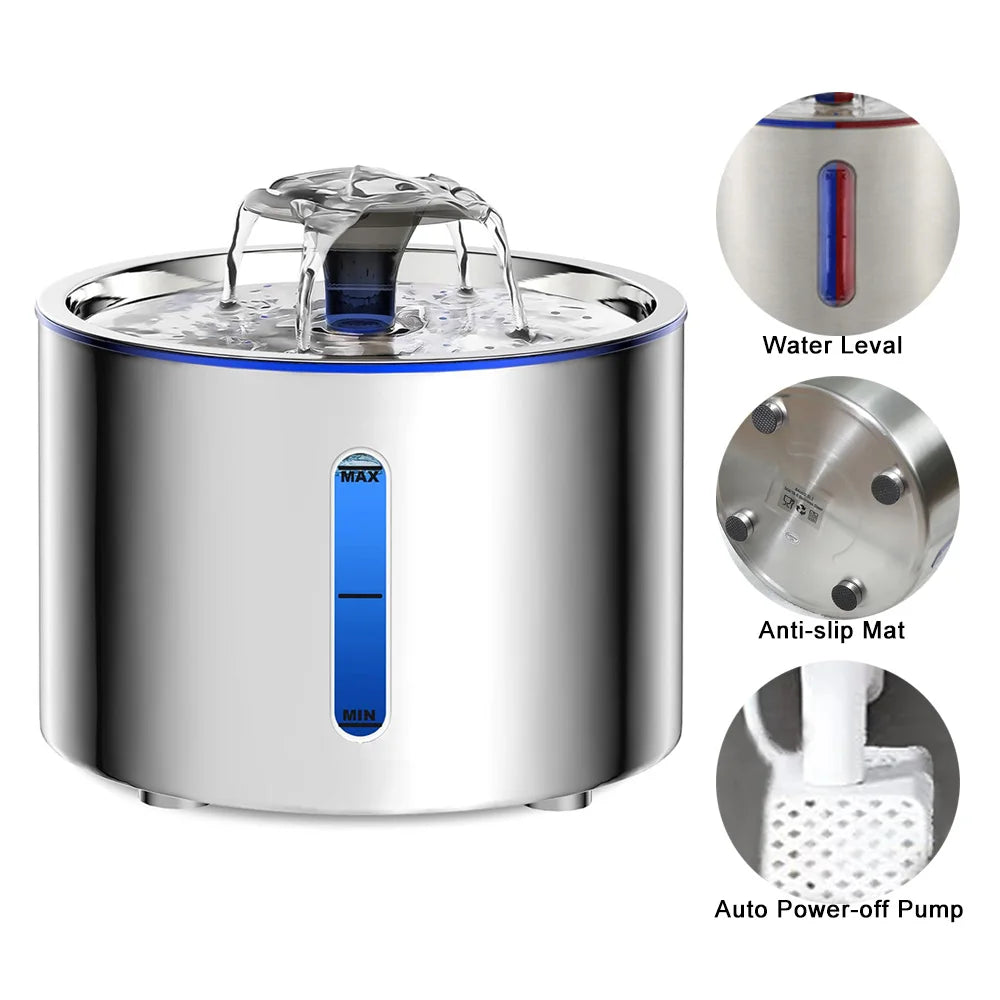 2.5L Stainless Steel Automatic Cat Water Fountain Auto Power-off Fountain With LED Light Non-slip Mat Dog Water Dispenser