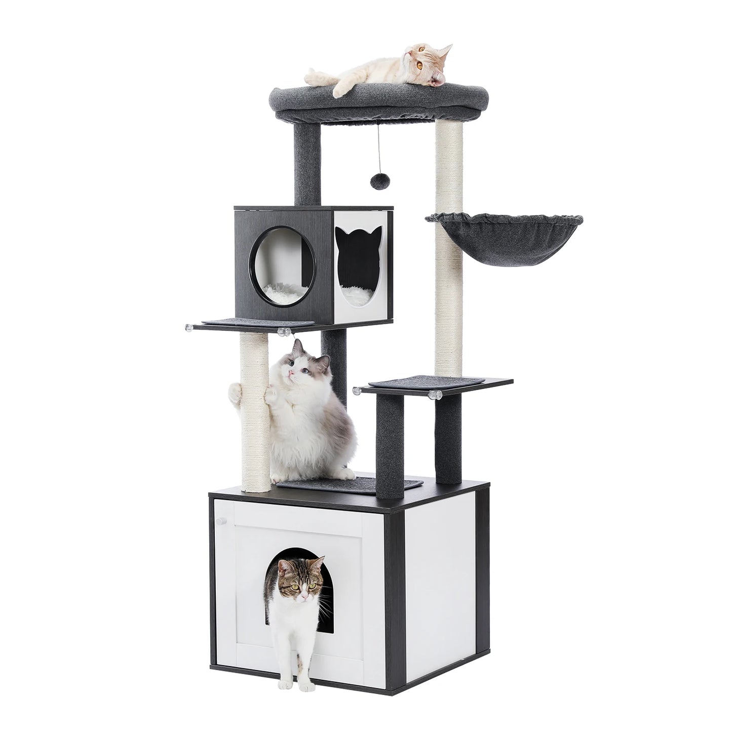 Multi-Level Cat Tree for Indoor Wood Cat Tower with Scratching Posts Spacious Condo Hammock Top Perch Cat Scratcher Cat Toys