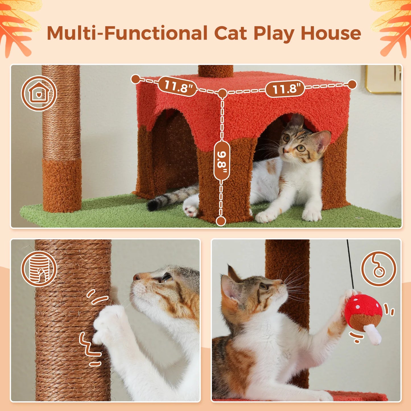 Multi-Level Cat Tree with Scratching Posts Removable Scratcher Large Cat Condo Hammock Mushroom Cat Tower for Indoor Cat Toys
