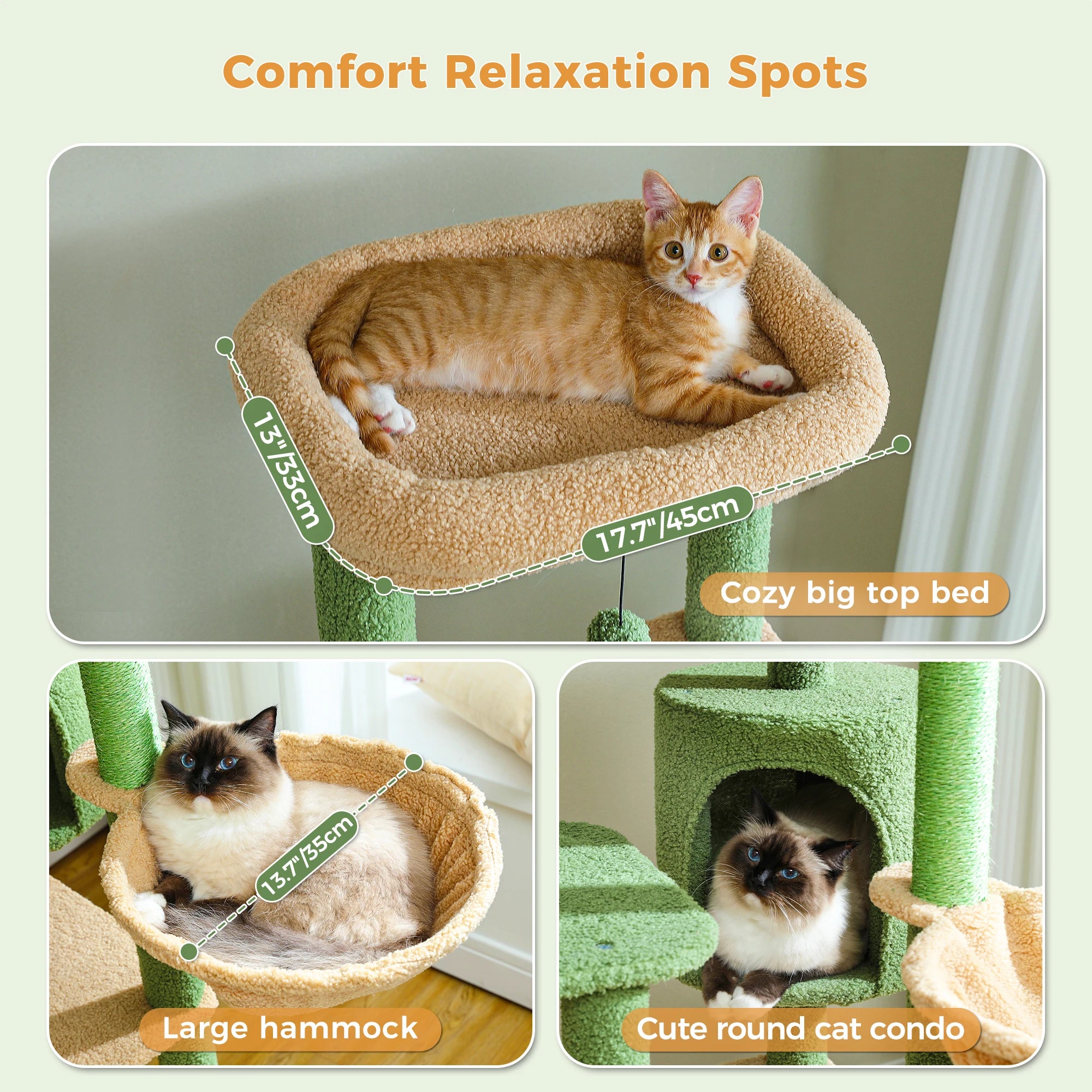 Tall Cactus Cat Tree for Large Cat Multi-Level Cat Tower for Indoor Cats Cat Condo with Large Hammock Scratching Post  2 Perches