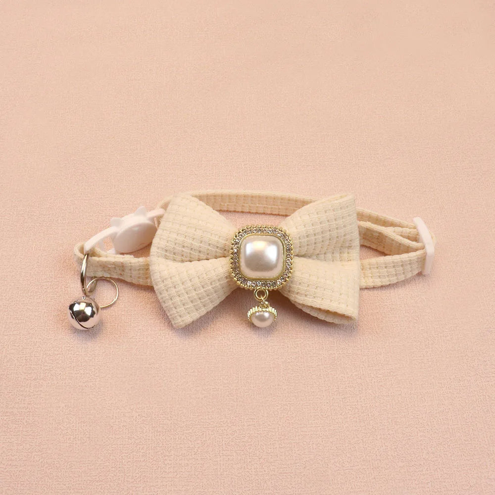 New Waffle Pet Collar Cute Bow Bell Cat Collar Retro Pearl Pendant Dog Collar Accessories