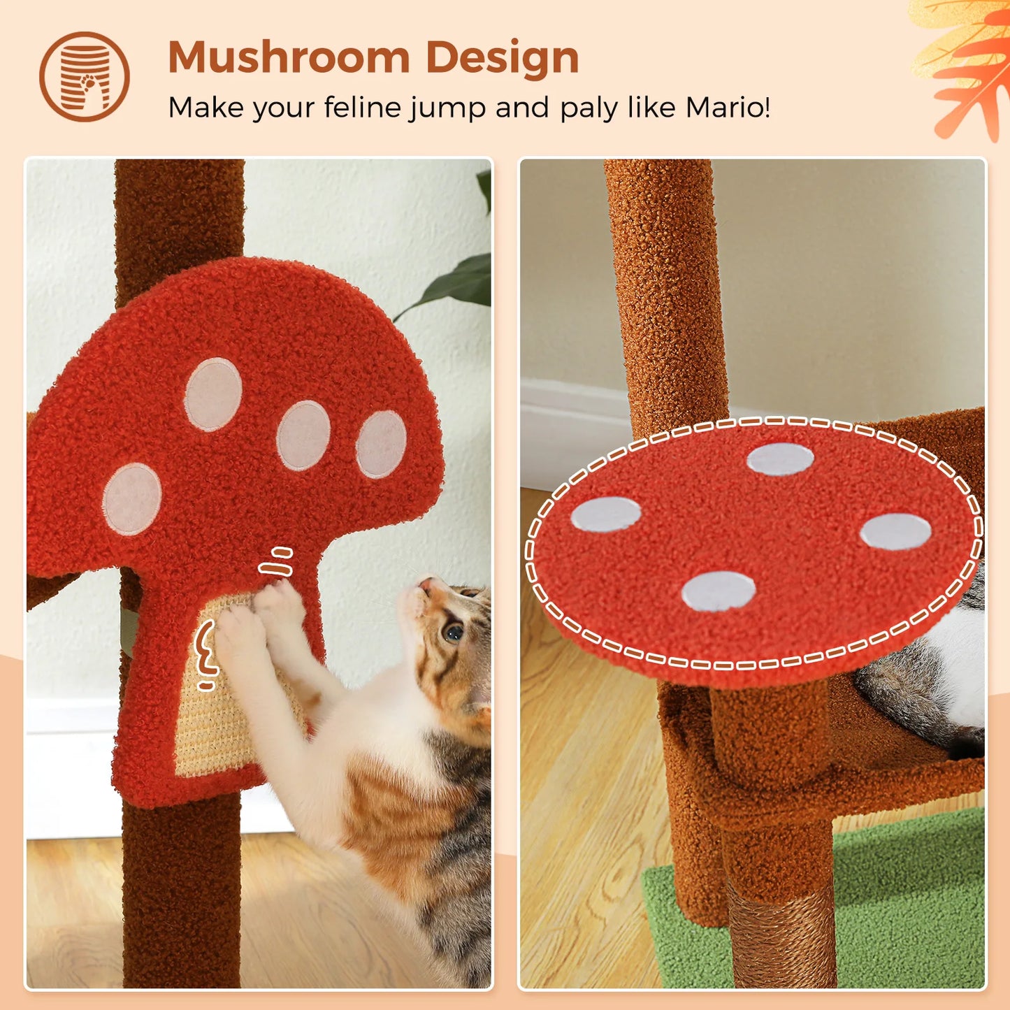 Multi-Level Cat Tree with Scratching Posts Removable Scratcher Large Cat Condo Hammock Mushroom Cat Tower for Indoor Cat Toys