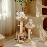 Arbre à chat en bois avec double panier en rotin