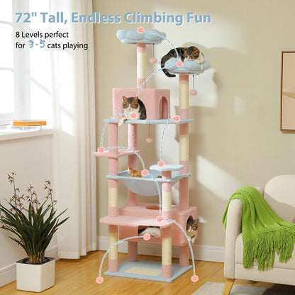 184cm Large Cat Tree Tower for Indoor Cats With Sisal-Covered Scratching Posts Spacious Hammock Padded Perches and Condos Blue