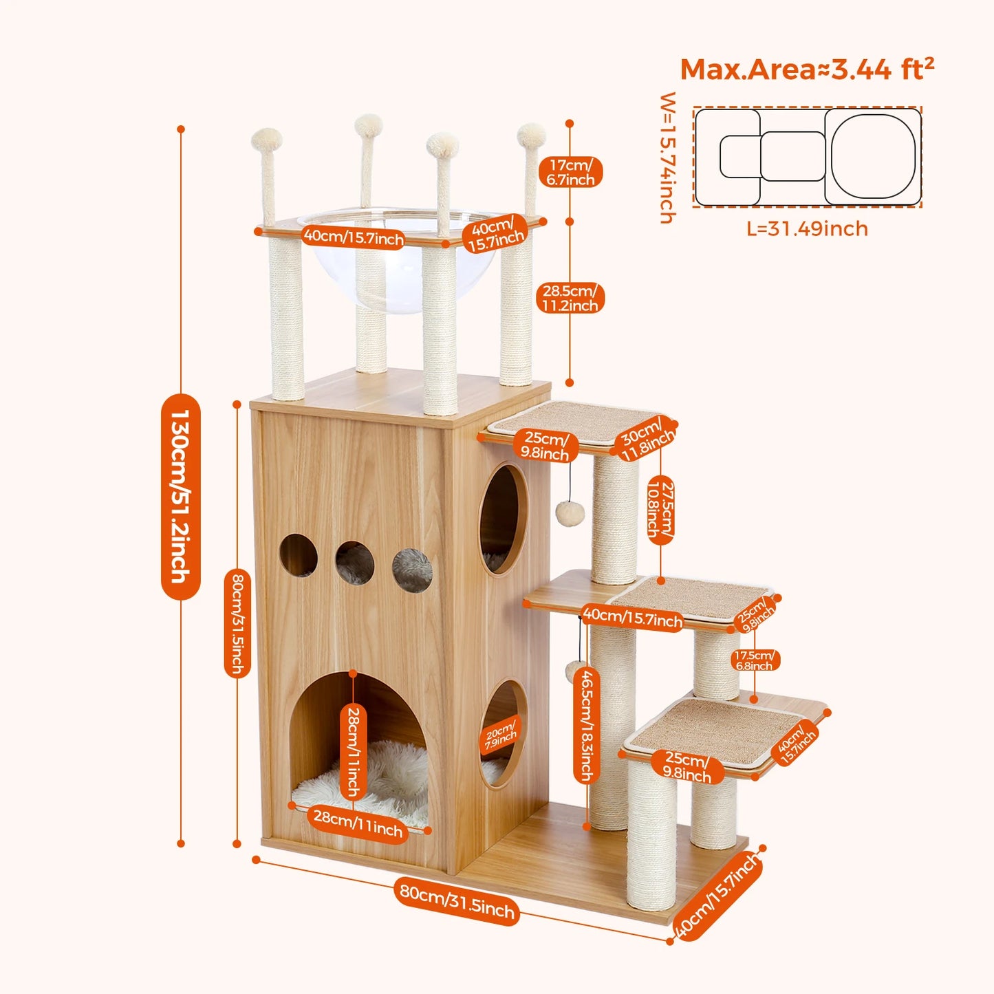 Multi-Level Cat Tree for Indoor Wood Cat Tower with Scratching Posts Spacious Condo Hammock Top Perch Cat Scratcher Cat Toys