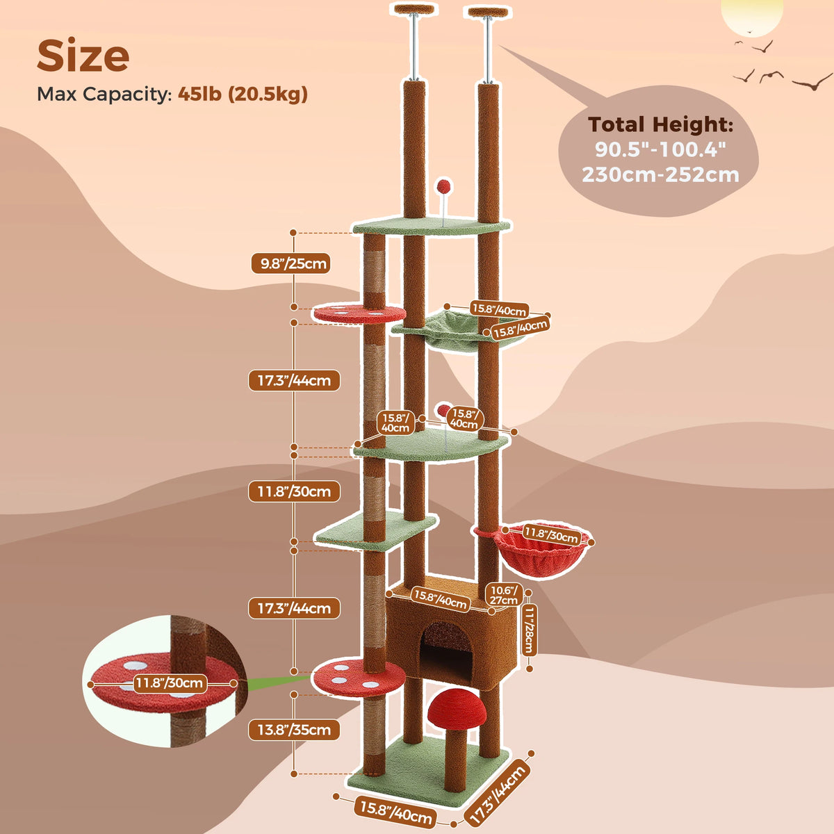 Cat Tree Floor to Ceiling Cat Tower Adjustable Height with Cat Condo Cozy Hammock and Scratching Post Tall Activity Tree Borwn