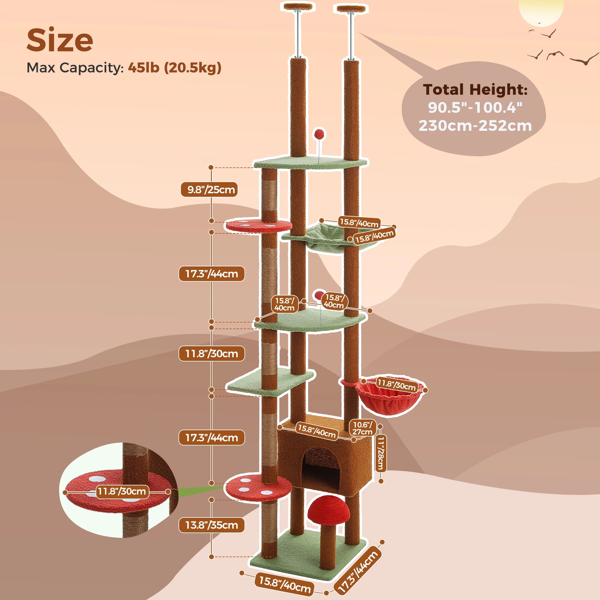 Cat Tree Floor to Ceiling Cat Tower Adjustable Height with Cat Condo Cozy Hammock and Scratching Post Tall Activity Tree Borwn