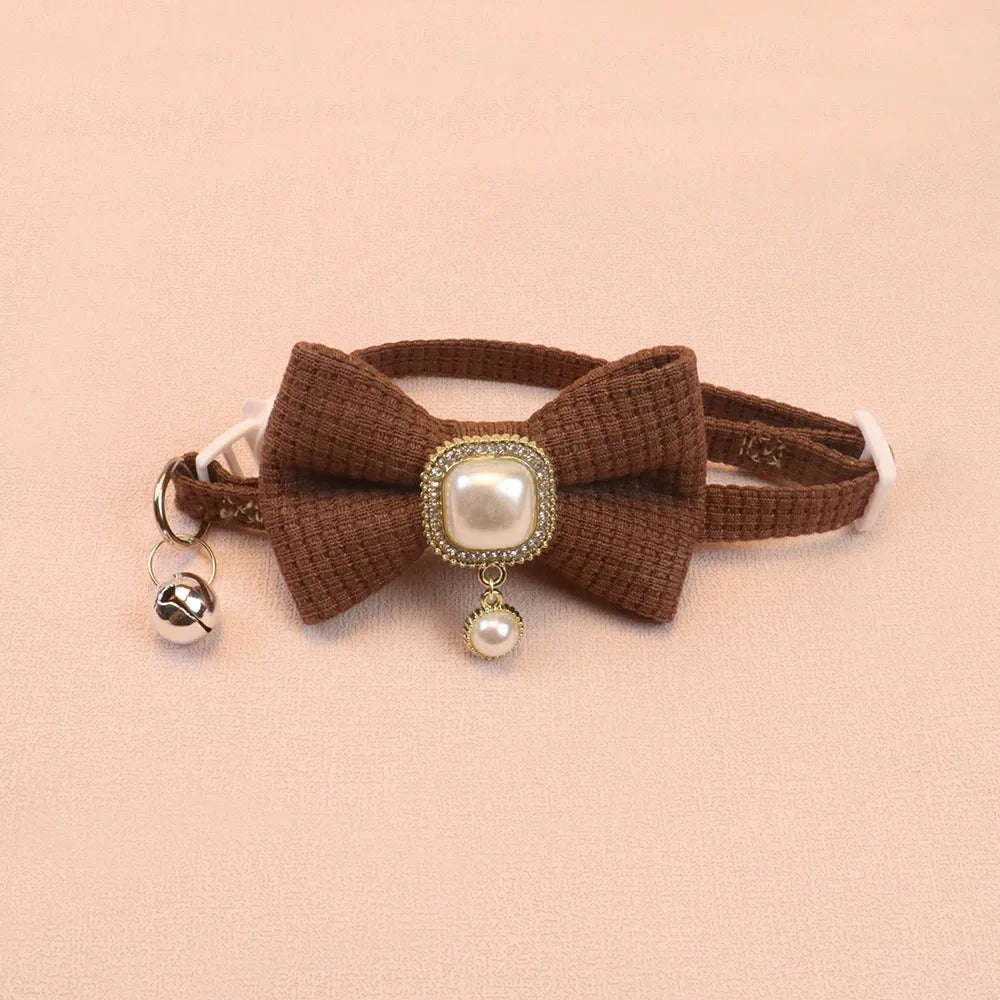 New Waffle Pet Collar Cute Bow Bell Cat Collar Retro Pearl Pendant Dog Collar Accessories