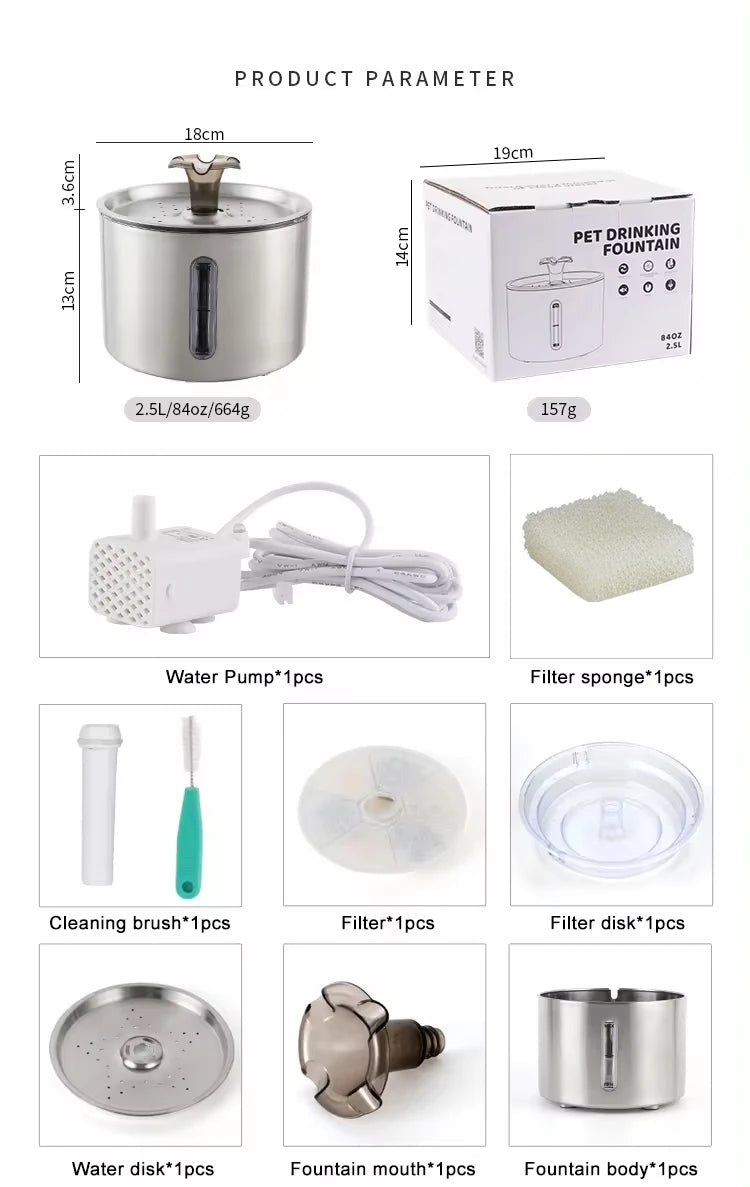 2.5L Stainless Steel Automatic Cat Water Fountain Auto Power-off Fountain With LED Light Non-slip Mat Dog Water Dispenser