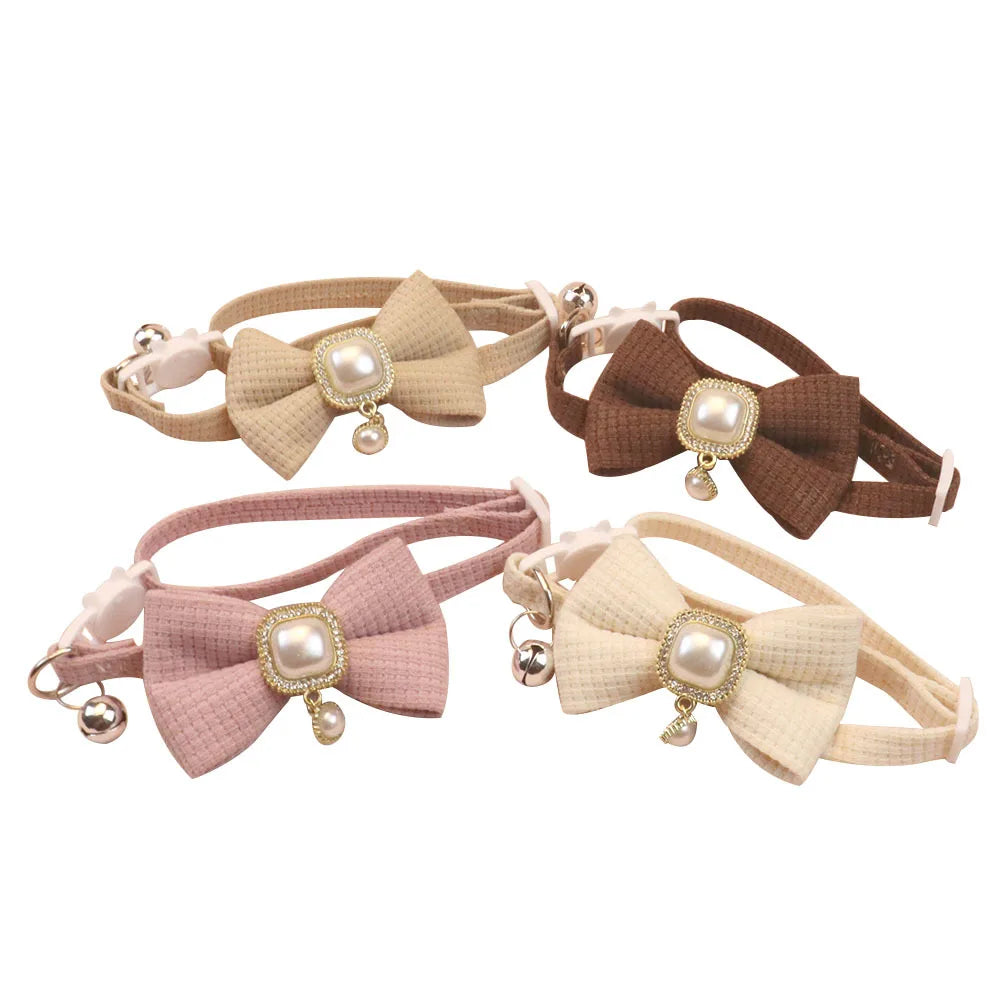New Waffle Pet Collar Cute Bow Bell Cat Collar Retro Pearl Pendant Dog Collar Accessories