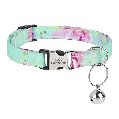 Personalized Printed Cat Collar Adjustable Kitten Puppy Collars With Free Engraved ID Nameplate Bell Anti-lost Cats Collars