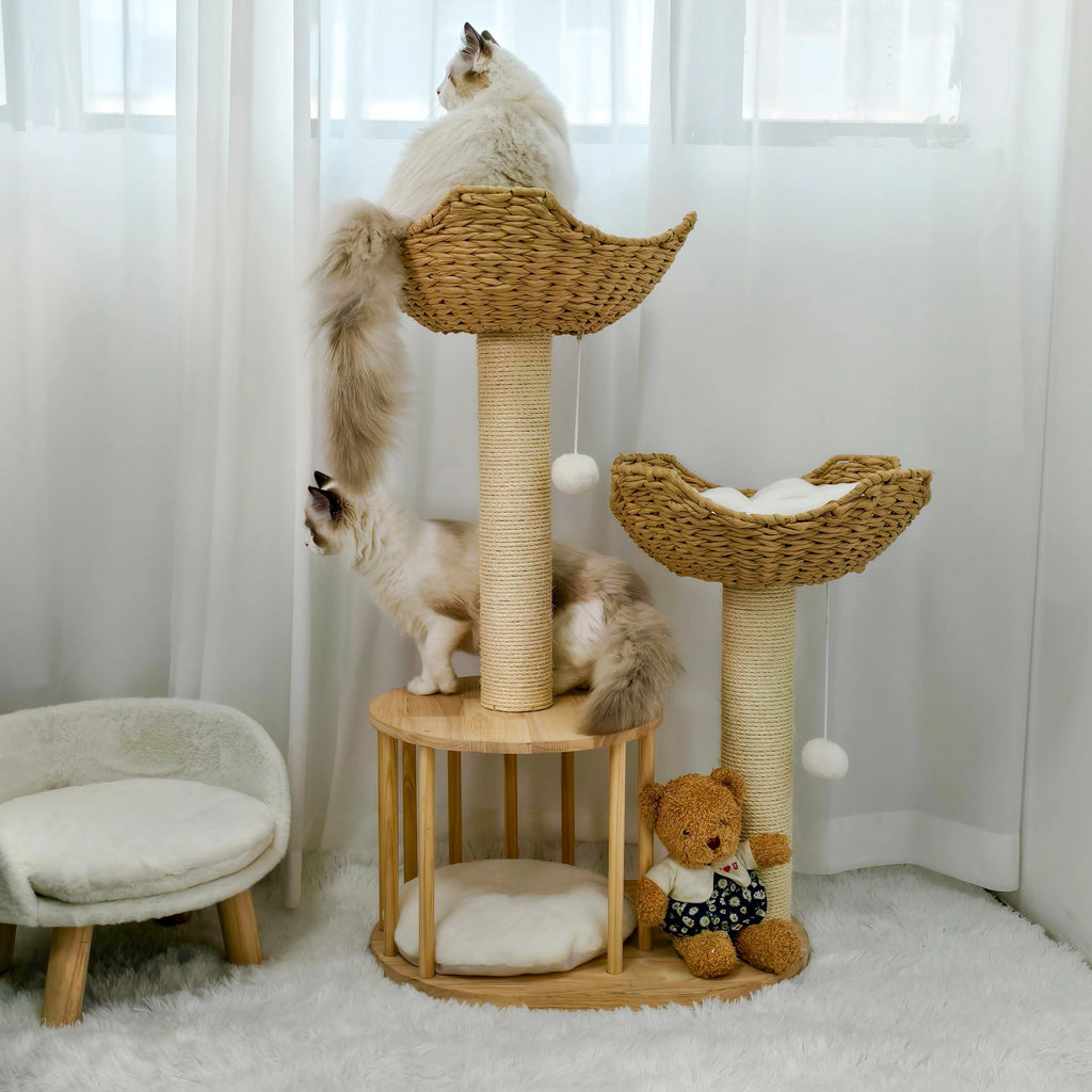 Arbre à chat en bois avec double panier en rotin