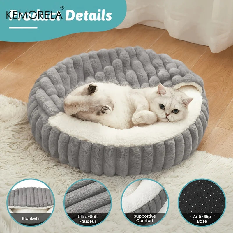 Calming Warm Kitten Bed Round Hooded Cat Cave, Indoor Puppy Sleeping Bed Suitable for Cat Dog Non-Slip Bottom Cat Cushion