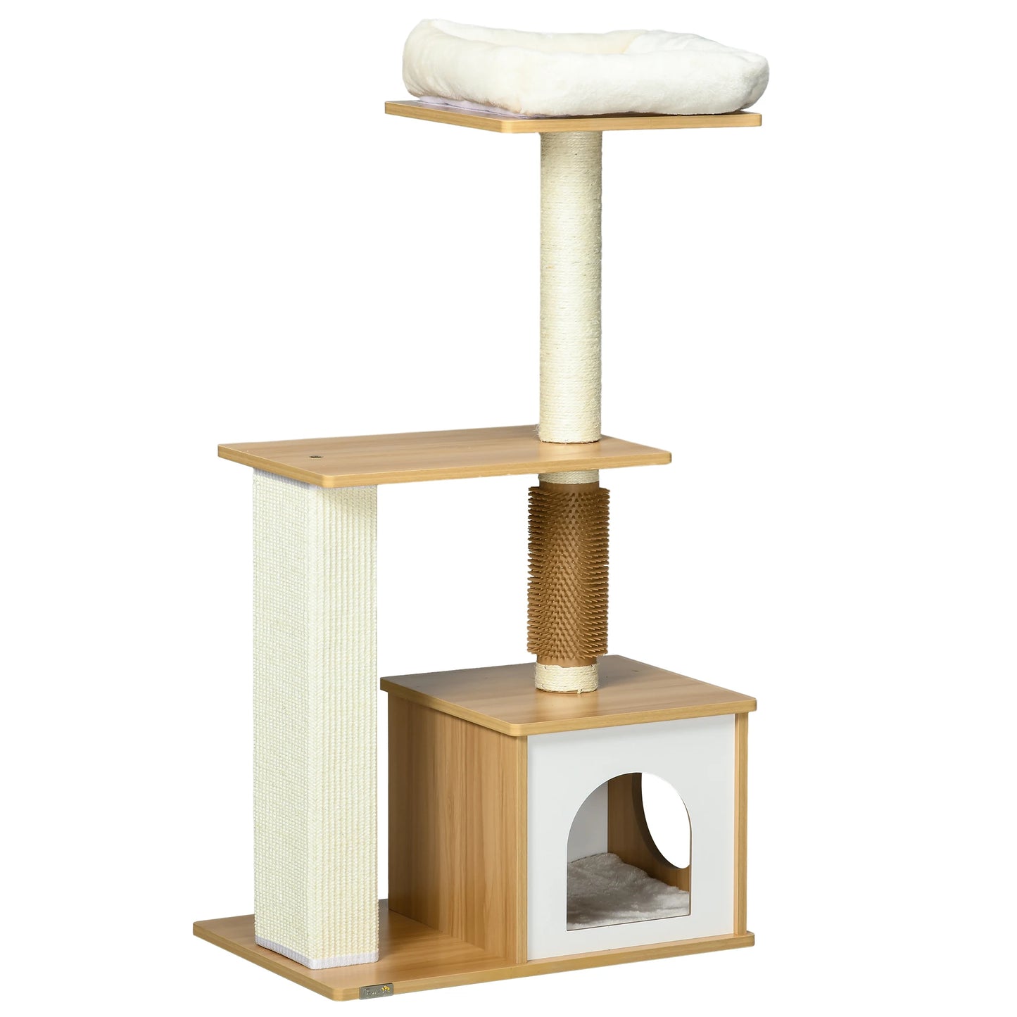 PawHut scratching post 114 cm high cat tree with cat cave tickle column Oak