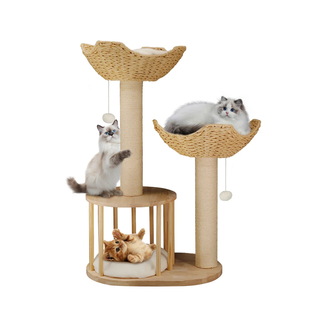 Arbre à chat en bois avec double panier en rotin